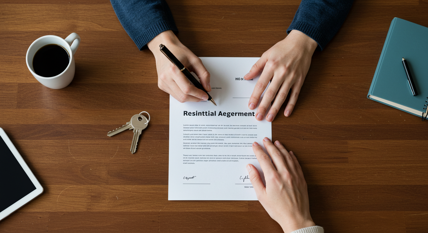 A person's hands signing a residential lease agreement on a wooden desk next to a set of keys.