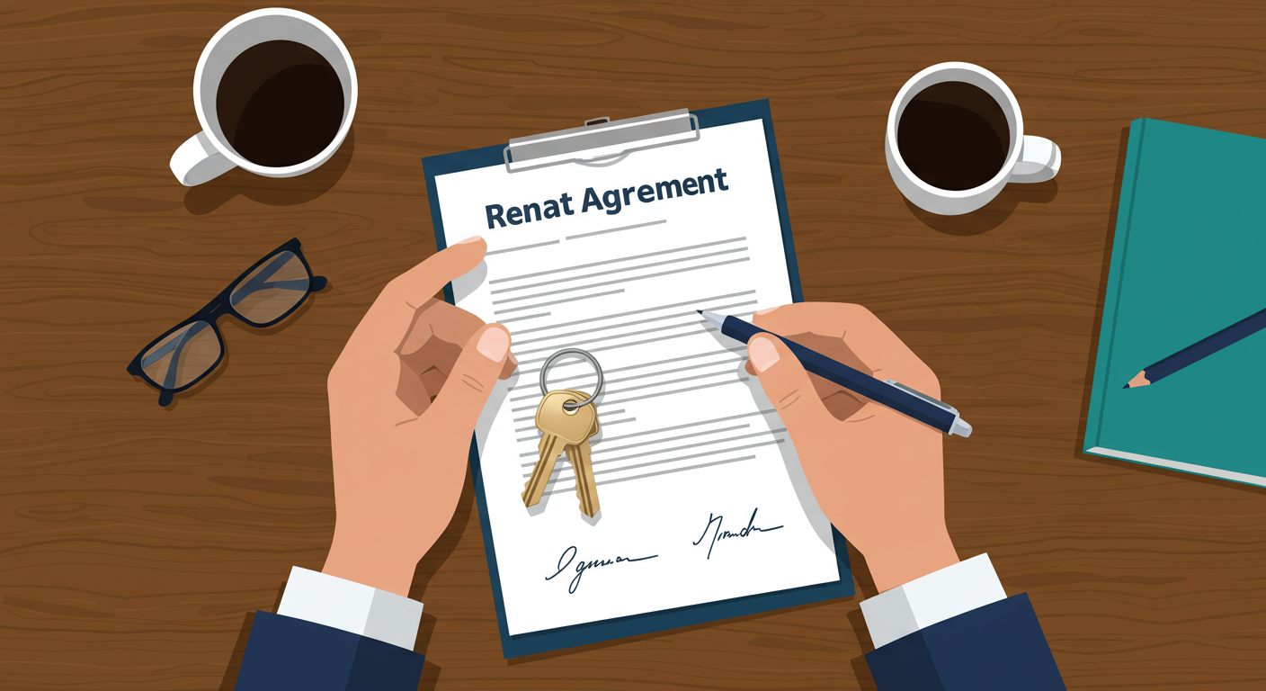 A person's hands holding a set of house keys over a signed rental agreement document on a wooden desk.
