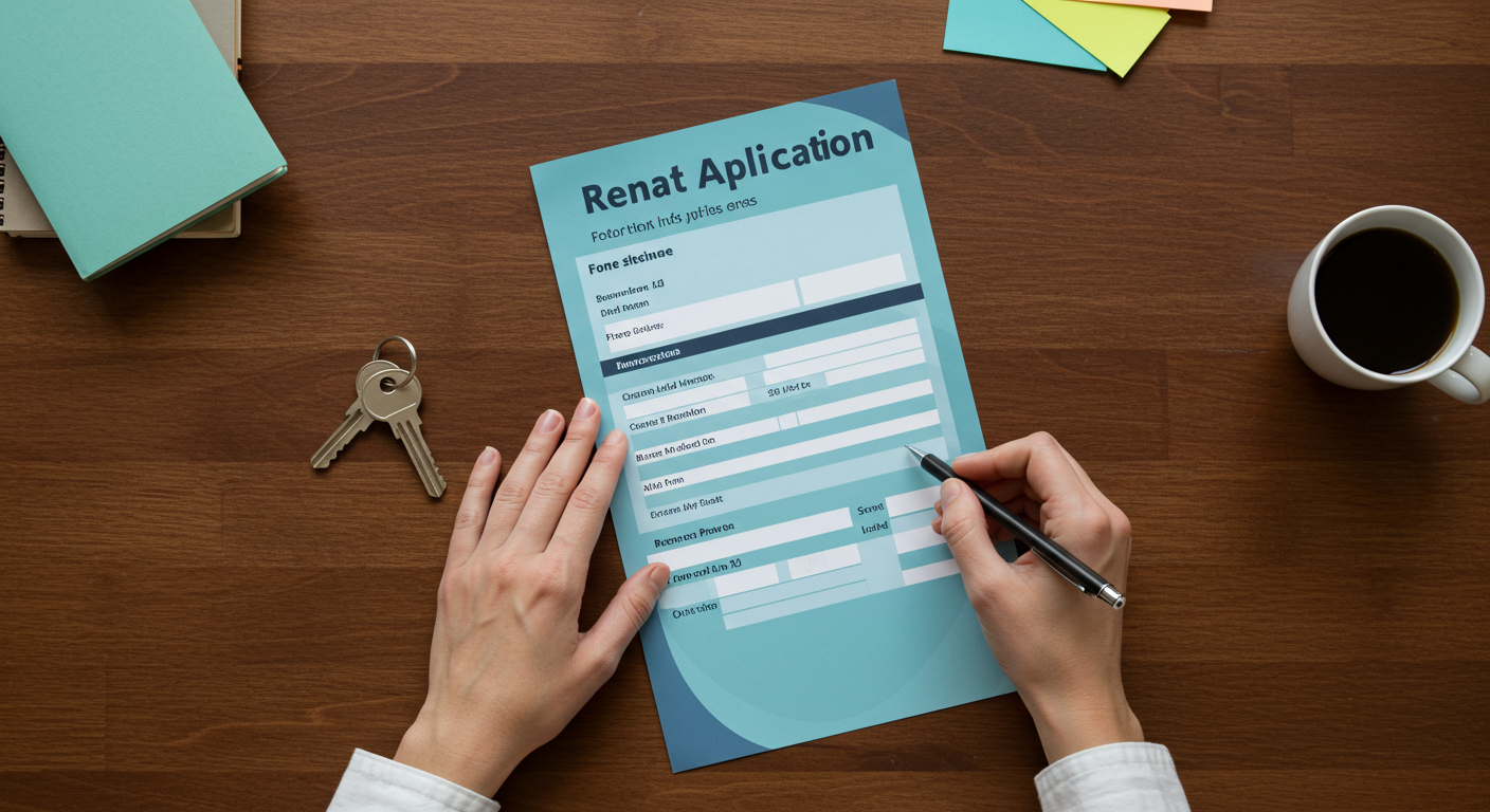 A person's hands filling out a rental application form on a wooden desk with a pen and keys nearby.