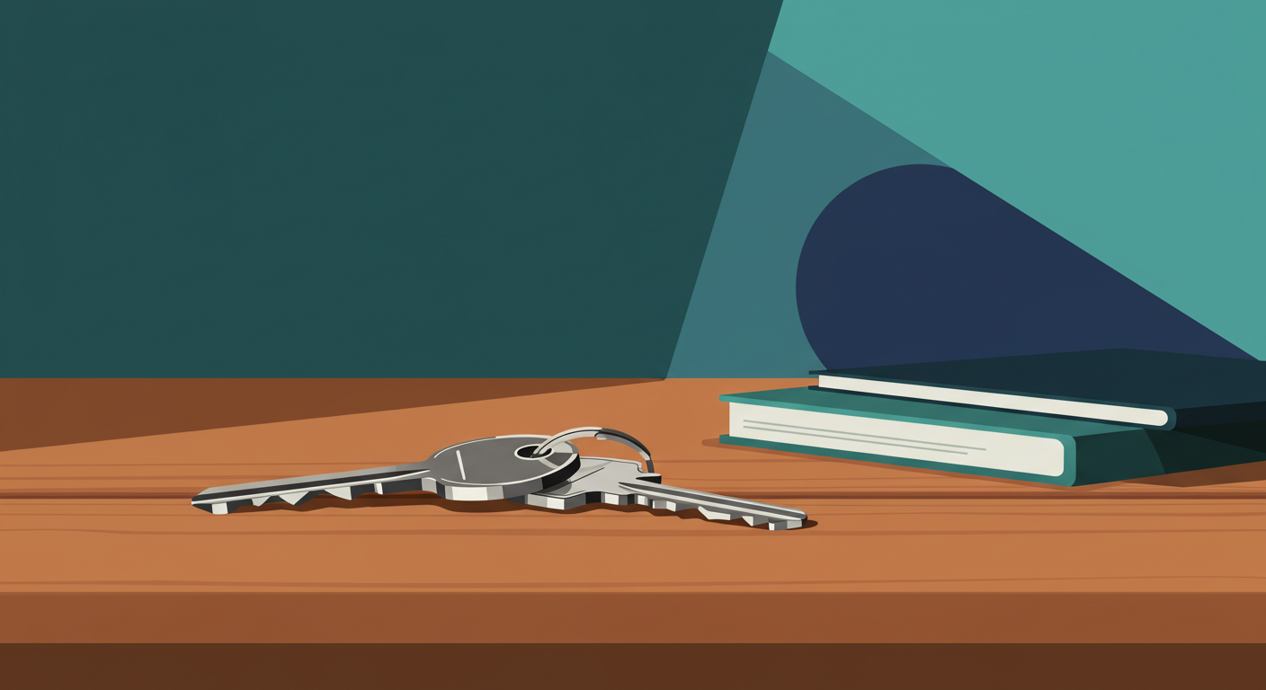 A set of house keys with a simple silver key ring resting on a wooden table.