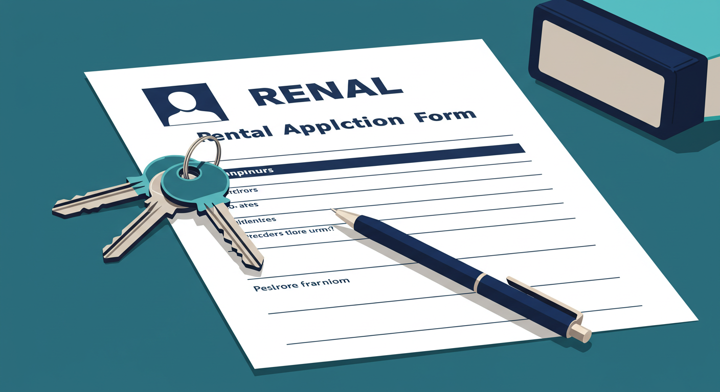 A set of house keys and a pen resting on a blank rental application form.