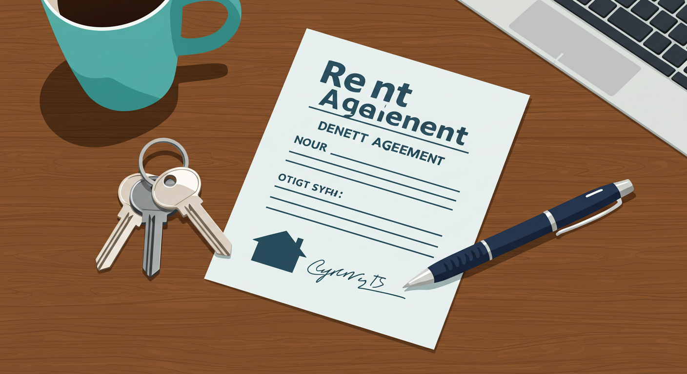 A set of house keys and a signed rental agreement on a wooden table.