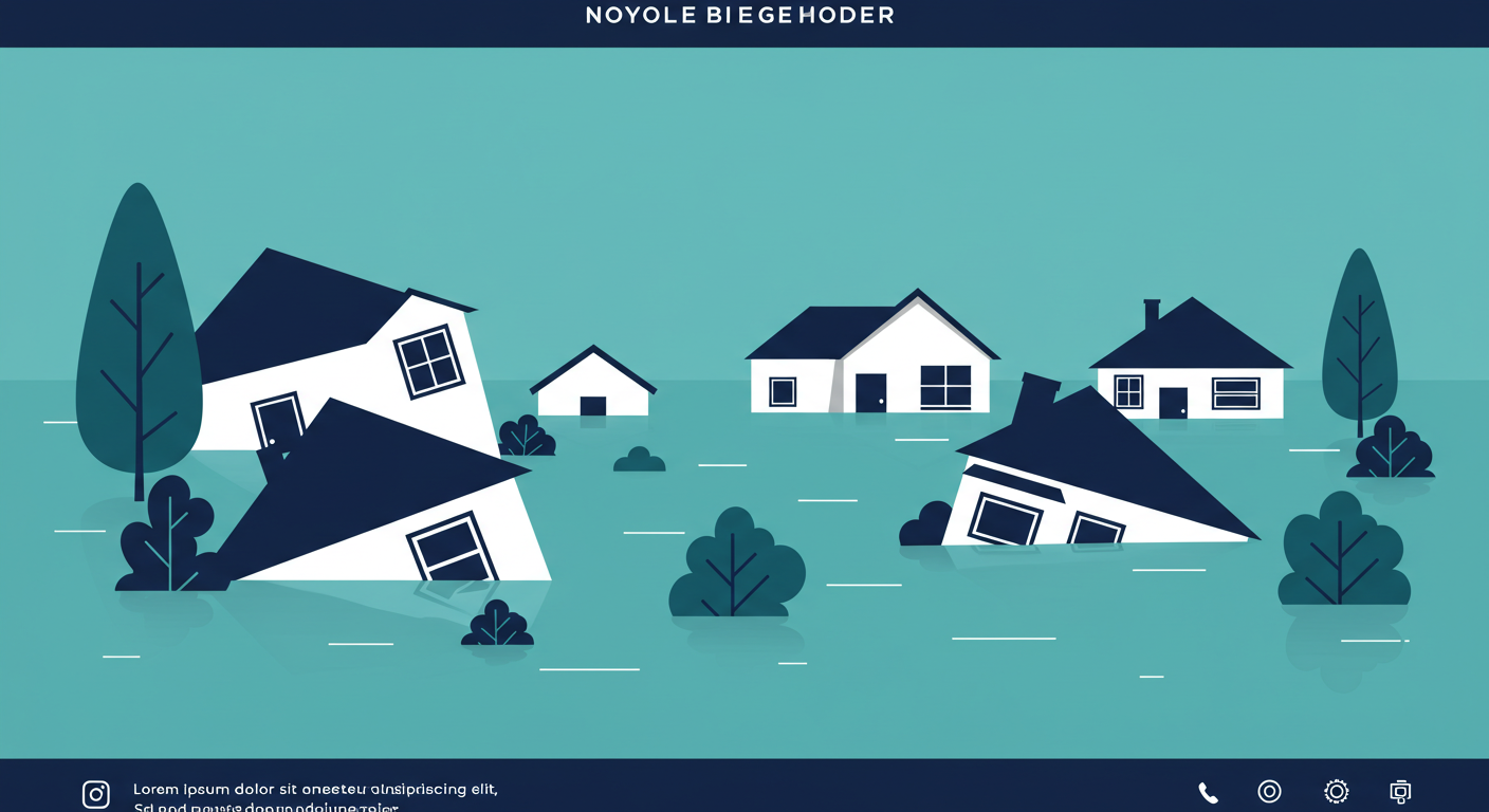 A residential street with houses partially submerged in floodwater, illustrating the risk to rental properties.