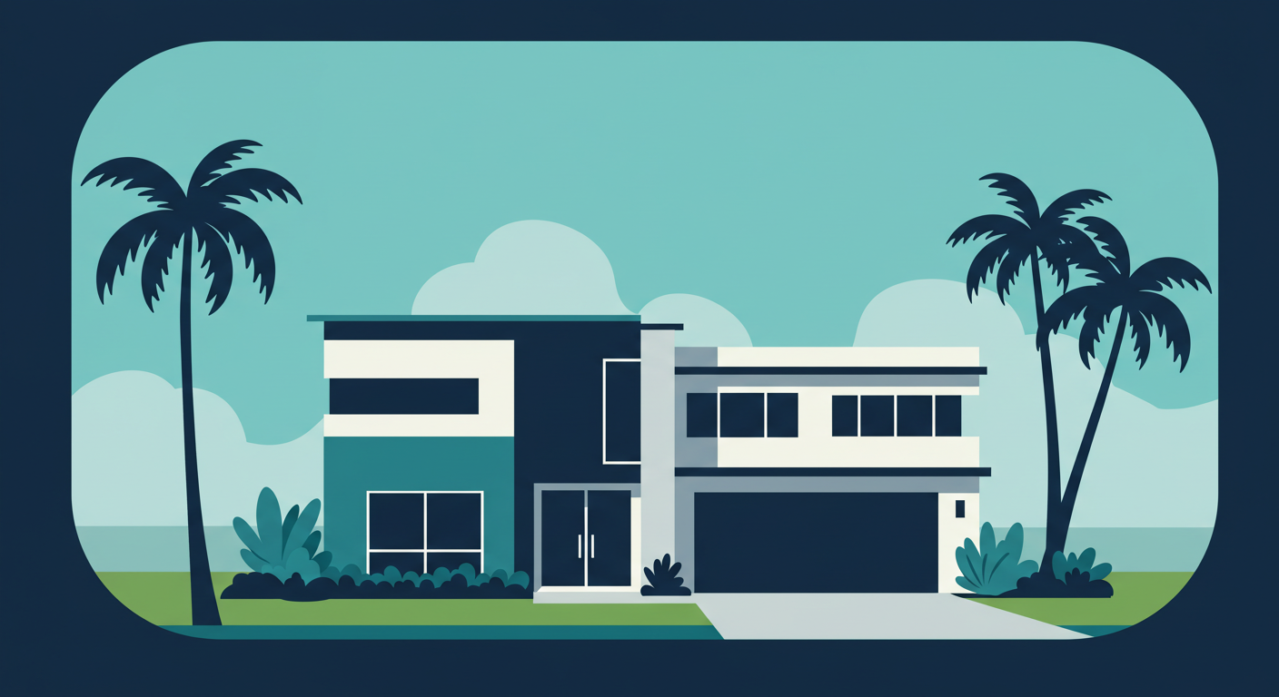 A modern house in Florida with palm trees and a clear blue sky.