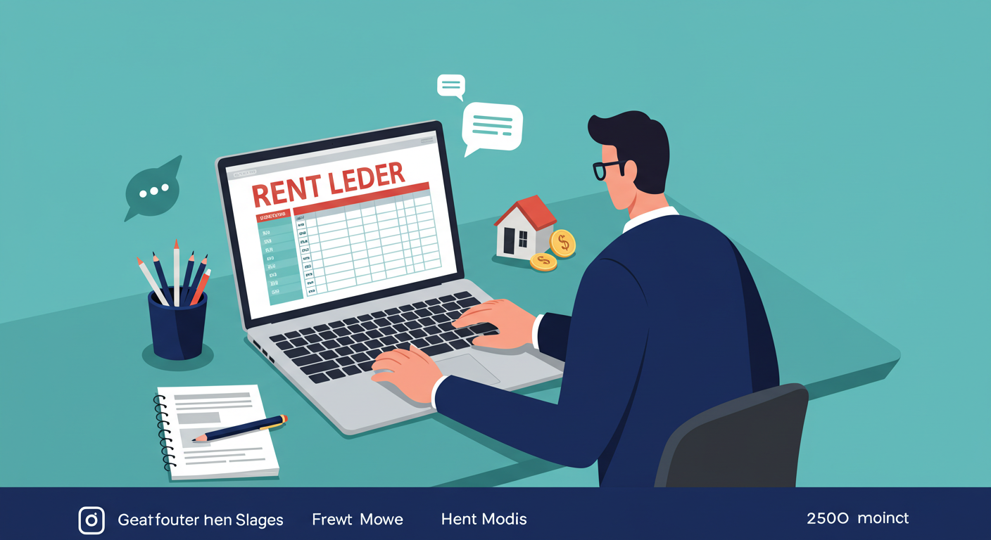 Landlord at a desk using a laptop to manage rent payments, with a rent ledger spreadsheet visible on the screen.