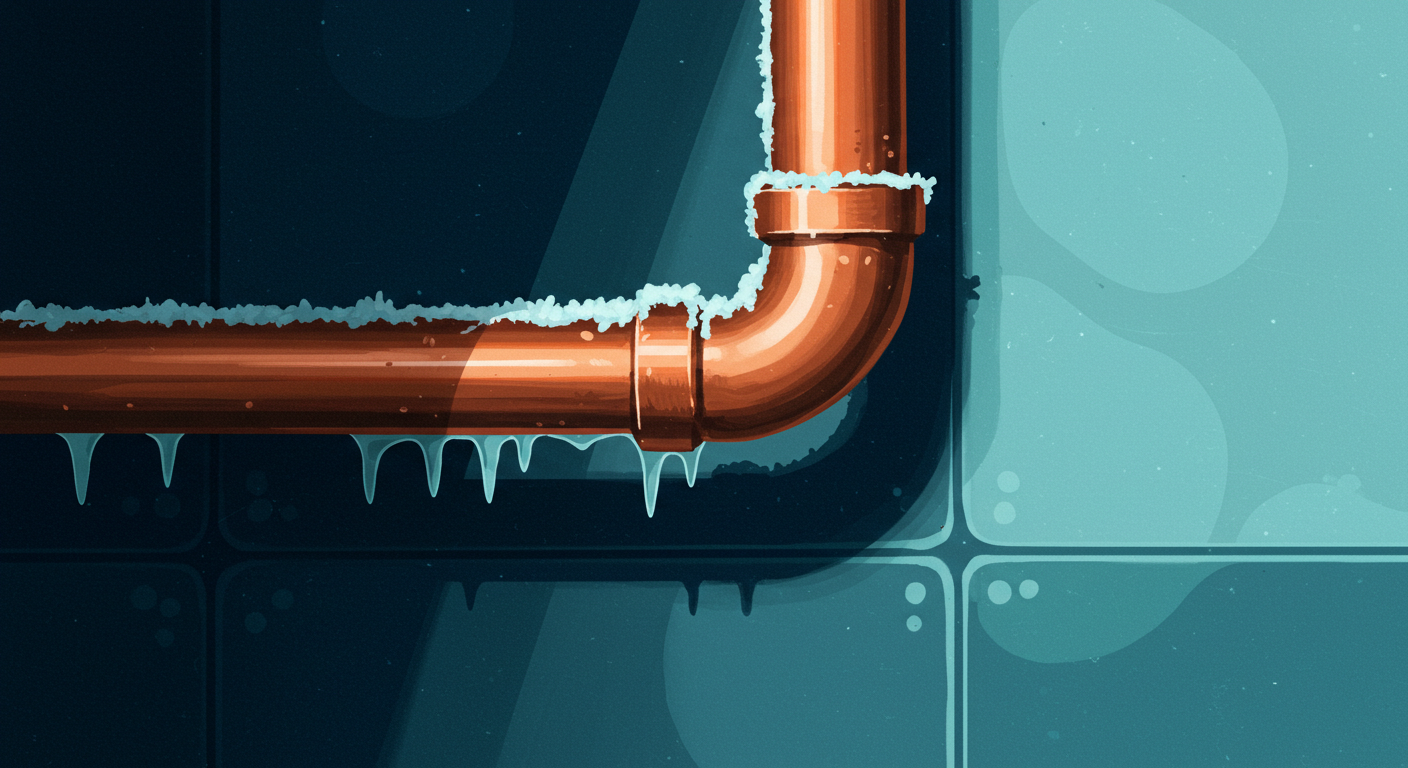 A copper water pipe covered in frost and ice inside a wall.