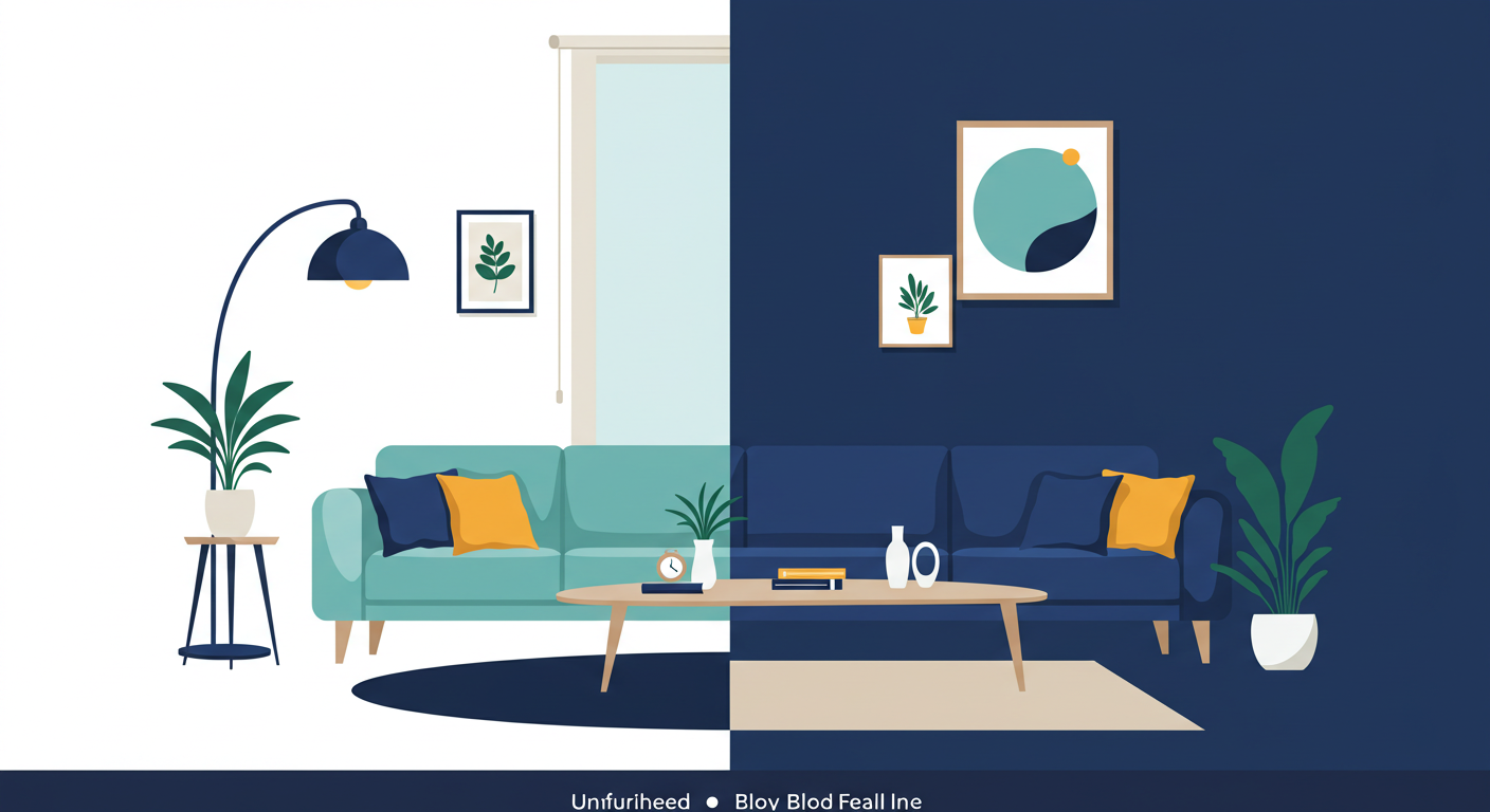 A modern living room where one half has a sofa and coffee table and the other half is empty, showing the furnished vs. unfurnished concept.