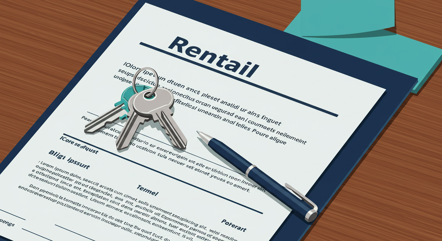 A set of house keys and a pen resting on top of a rental lease agreement on a wooden desk.