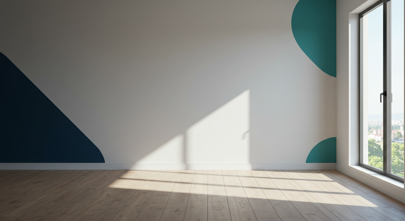 A clean, empty living room with freshly painted neutral walls and sunlight coming through a large window.