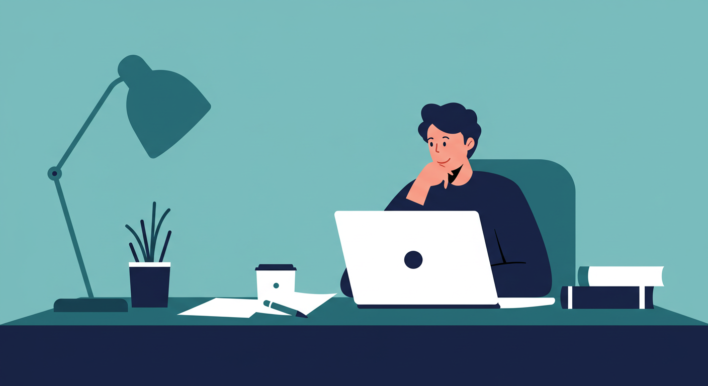 A person sitting at a desk, looking thoughtfully at paperwork with a laptop open.