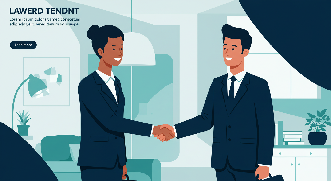 A landlord and tenant shake hands in a bright, modern apartment, smiling.