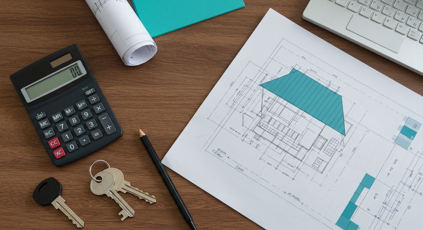 A blueprint of a house plan laid out on a wooden desk next to a calculator and keys.