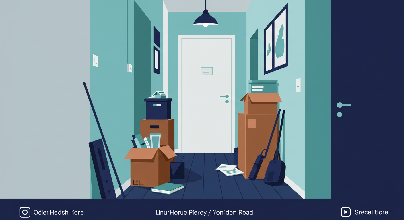 A cluttered hallway in an apartment, with boxes and items stacked against the wall, partially blocking the path.