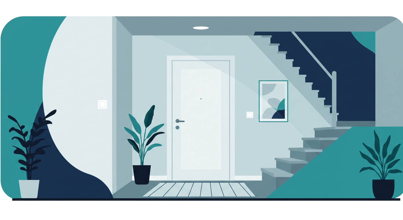 A bright, modern home entryway with a closed white door and a staircase leading upstairs, suggesting multiple living areas.