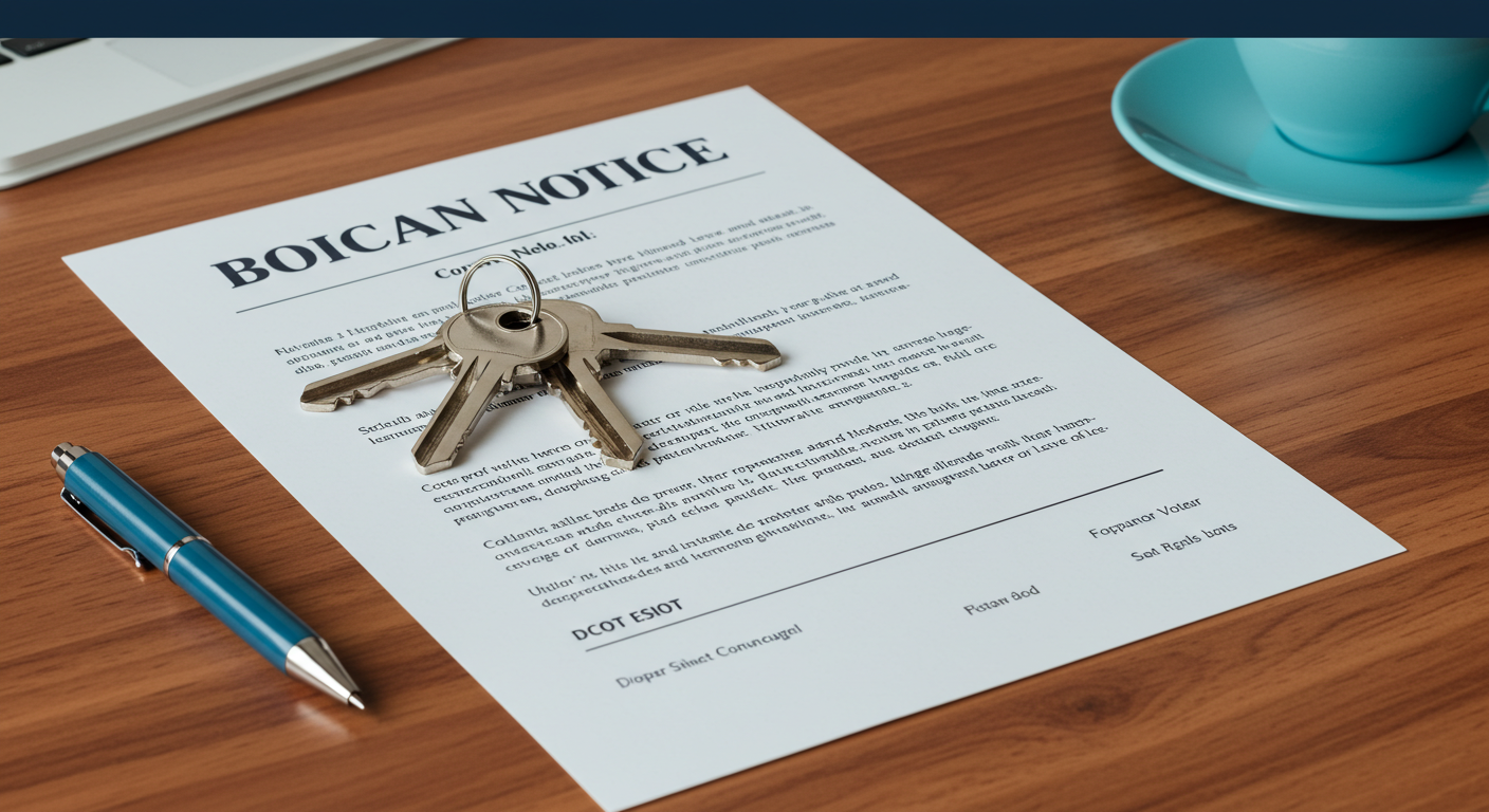 A set of keys resting on a formal notice document on a wooden table.