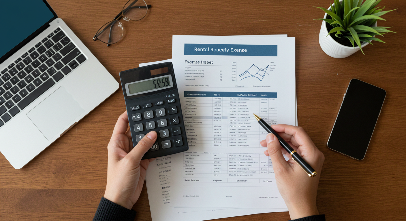 A person holding a calculator and a pen, reviewing a rental property expense sheet on a wooden desk.
