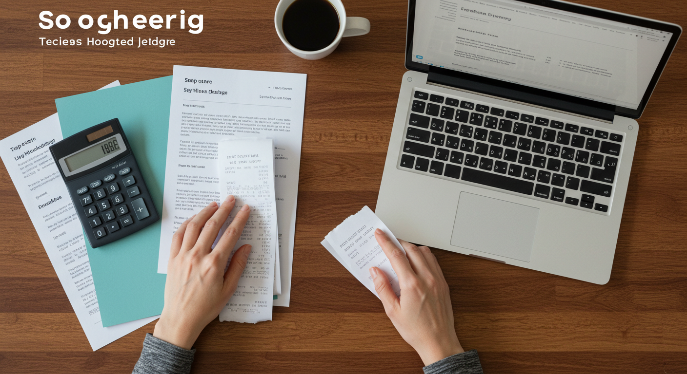 A person's hands organizing receipts and documents on a wooden desk next to a laptop and a calculator.