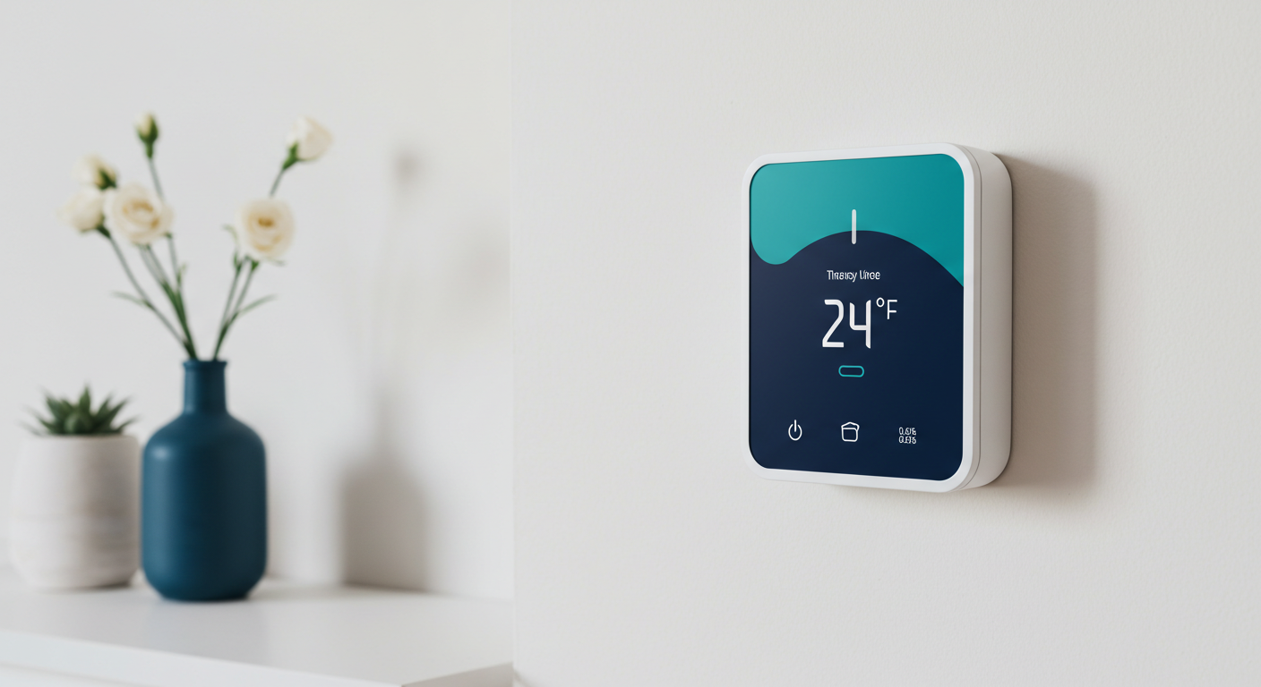 A modern smart thermostat mounted on a clean, light-colored wall, displaying the current temperature.