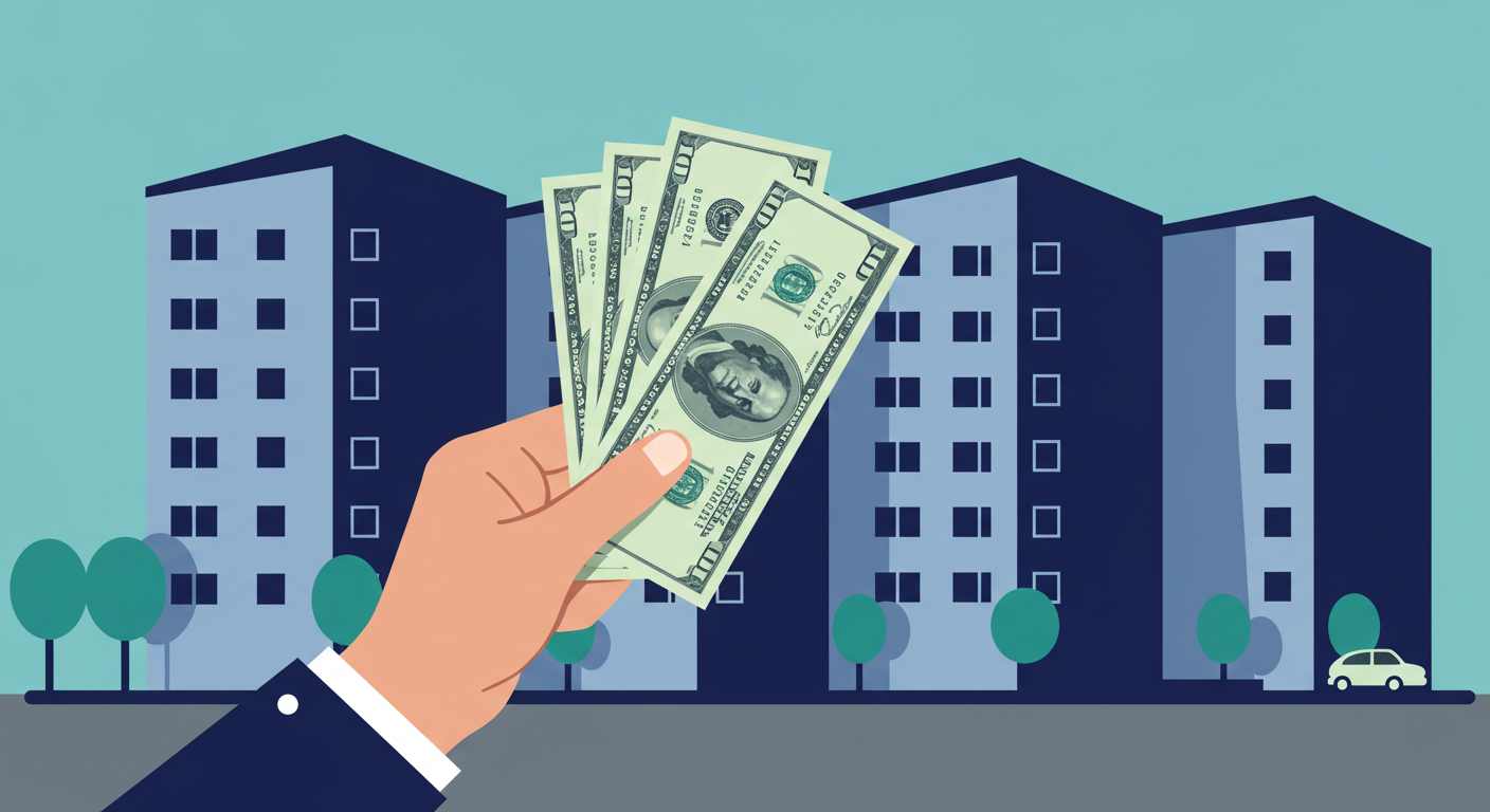 A row of residential apartment buildings with a hand holding several dollar bills in the foreground.