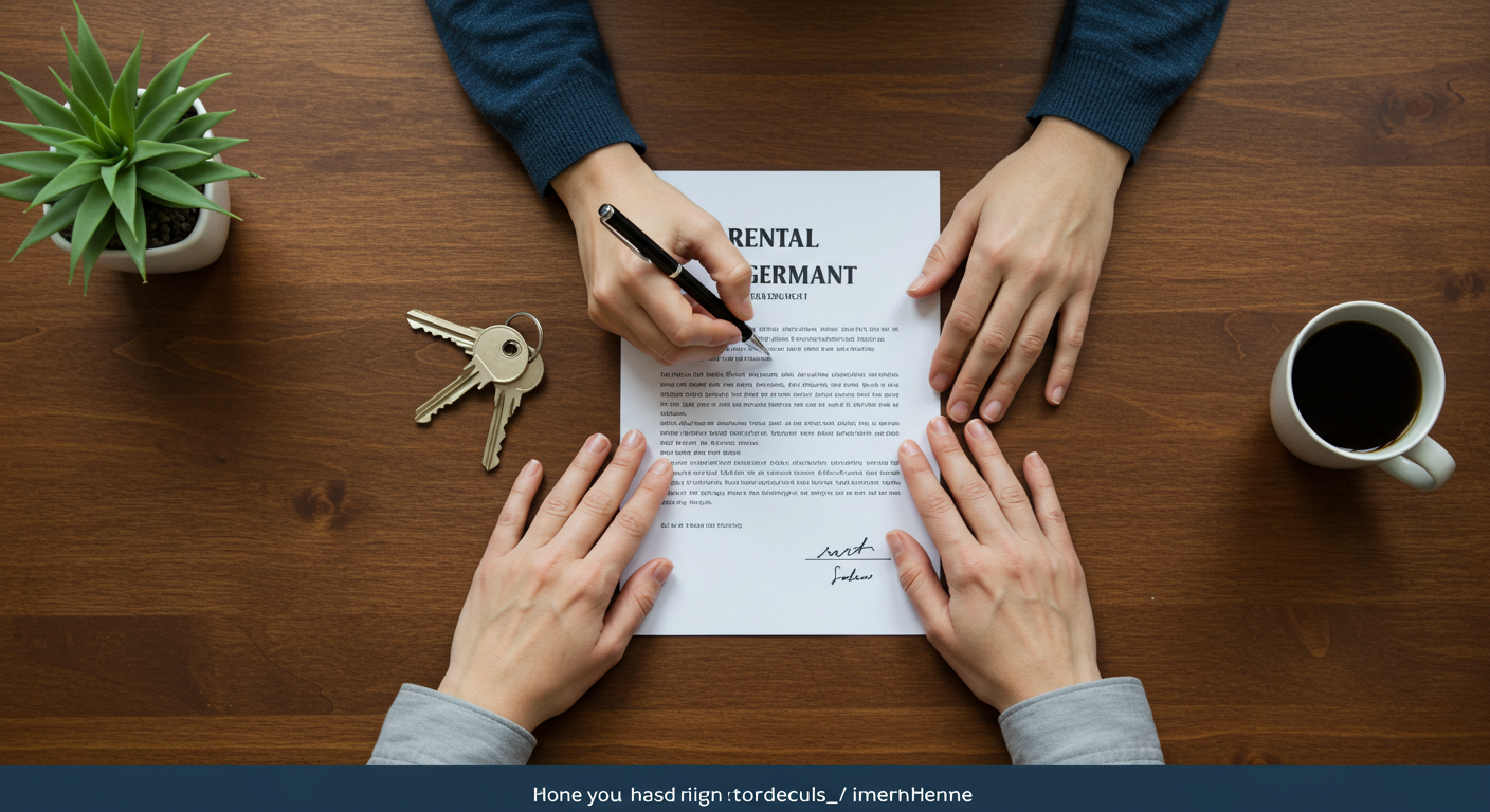 A person's hands signing a rental lease agreement on a wooden desk next to a set of keys.