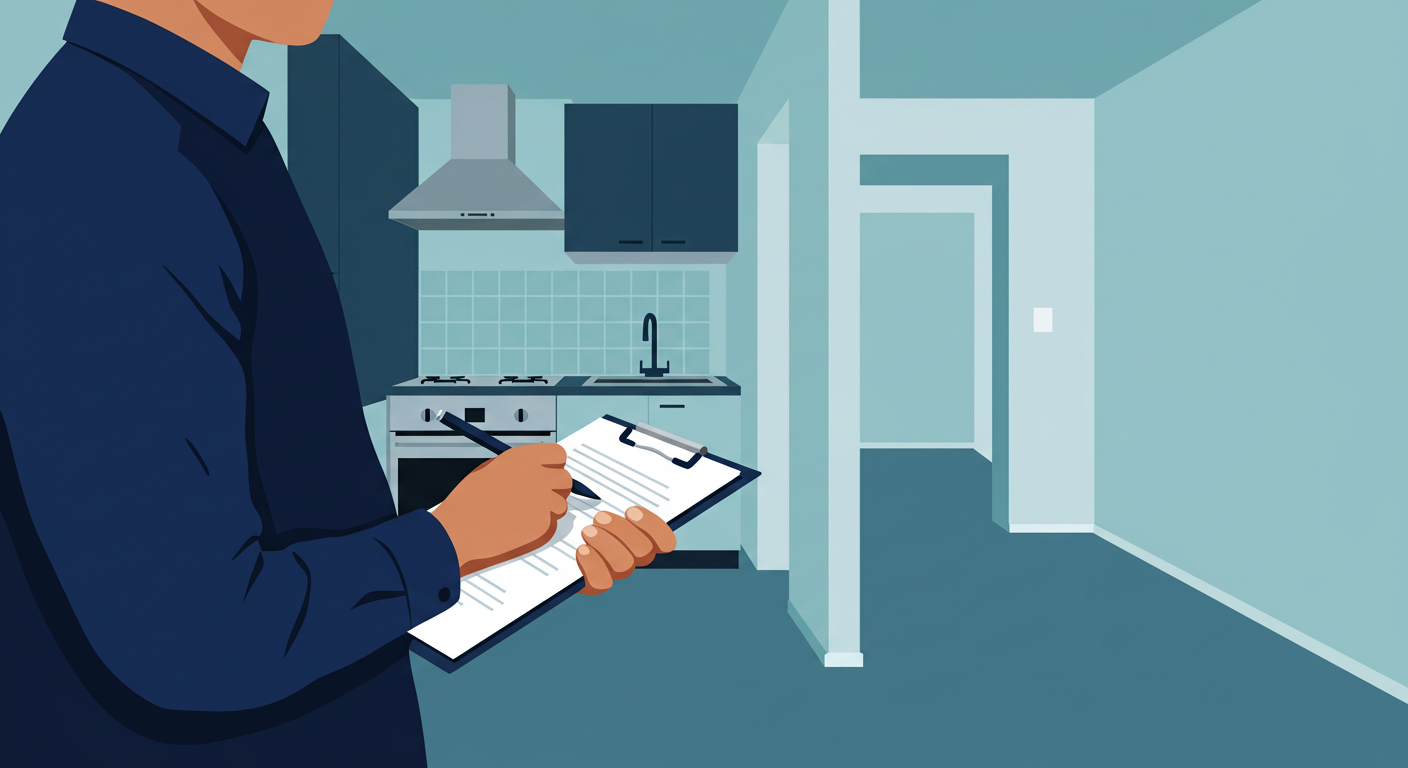A landlord in a collared shirt holding a clipboard and pen while inspecting a clean, empty apartment kitchen.
