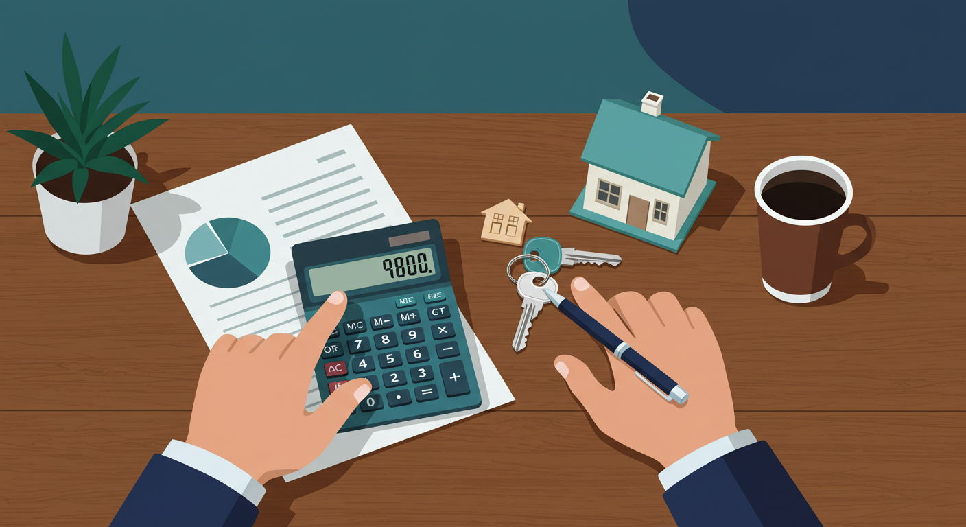 A person's hands using a calculator with house keys and a small model home on a wooden desk.