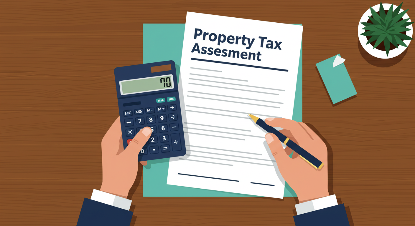 A person reviewing a property tax assessment document with a calculator and a pen on a wooden desk.