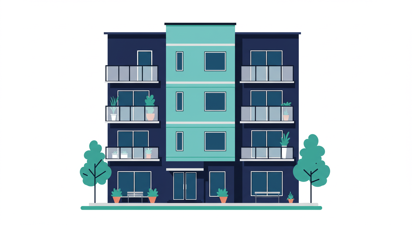 A modern four-story apartment building with balconies and large windows on a sunny day.