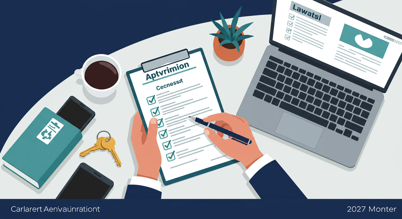 A landlord reviewing a rental application and checklist at a clean, modern desk with a laptop and a set of keys.