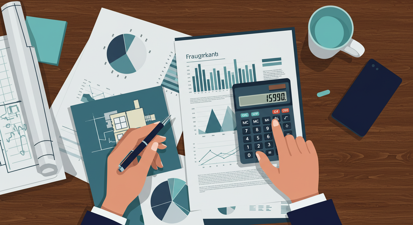 A person's hands using a calculator and pen to review property blueprints and financial documents on a wooden desk.