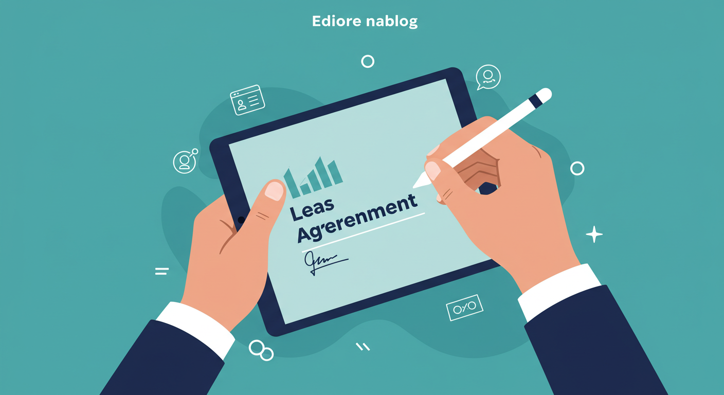 A person's hand using a stylus to sign a digital lease agreement on a tablet computer.