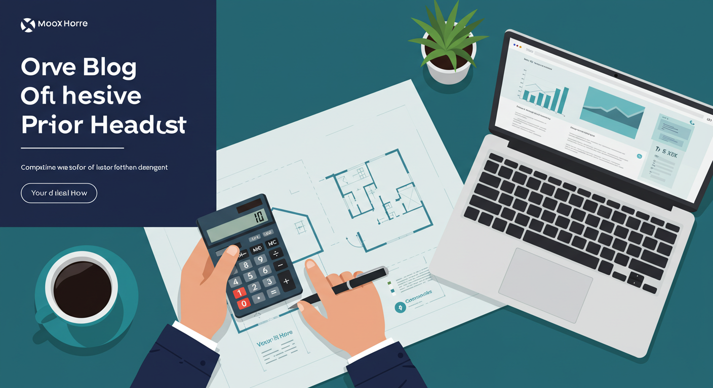 A person using a calculator and a laptop with a house floor plan spread out on a desk.
