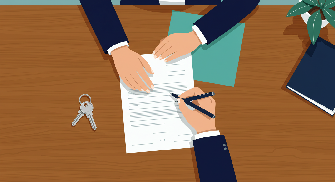 A person signing a document at a clean wooden desk, with a set of keys and a pen nearby.