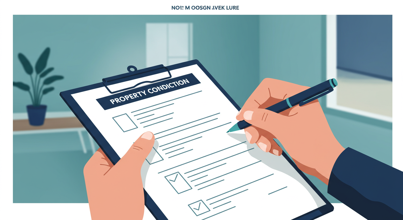 A person's hand holding a pen, filling out a property condition checklist on a clipboard inside a clean, empty room.