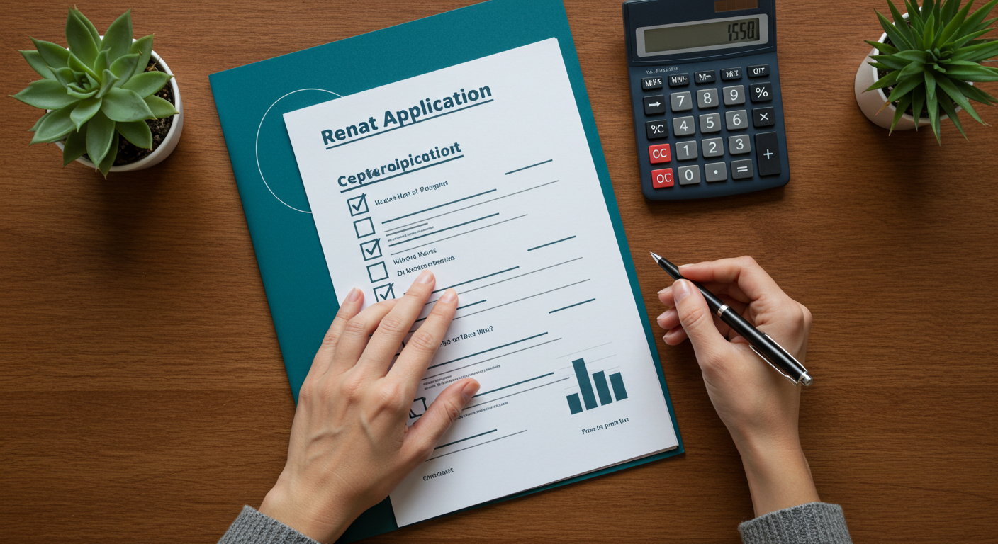 A person reviews a rental application checklist with a pen and a calculator on a wooden desk.