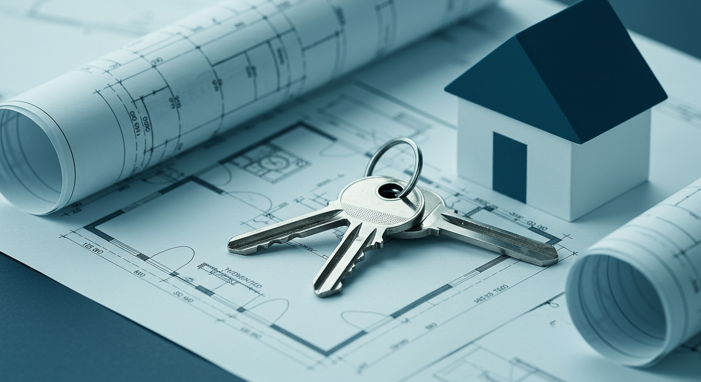 A set of house keys resting on top of architectural blueprints for a home.