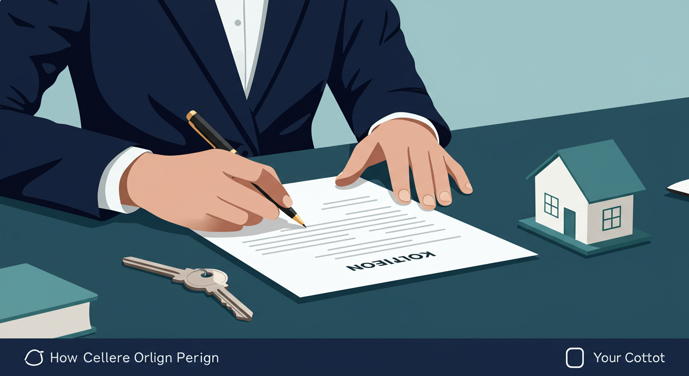 A person's hands signing a legal document on a desk with a house key and a small model house.