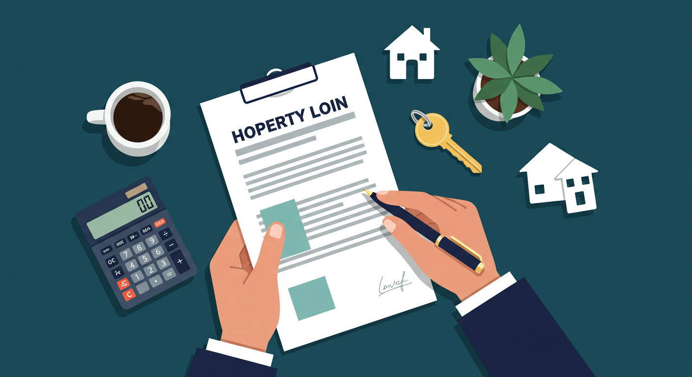 A person reviews financial documents and a property loan application on a desk with a calculator and house keys.