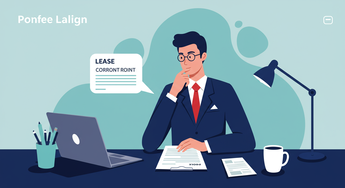 A landlord sits at a desk, looking thoughtfully at a lease document with a laptop open nearby.