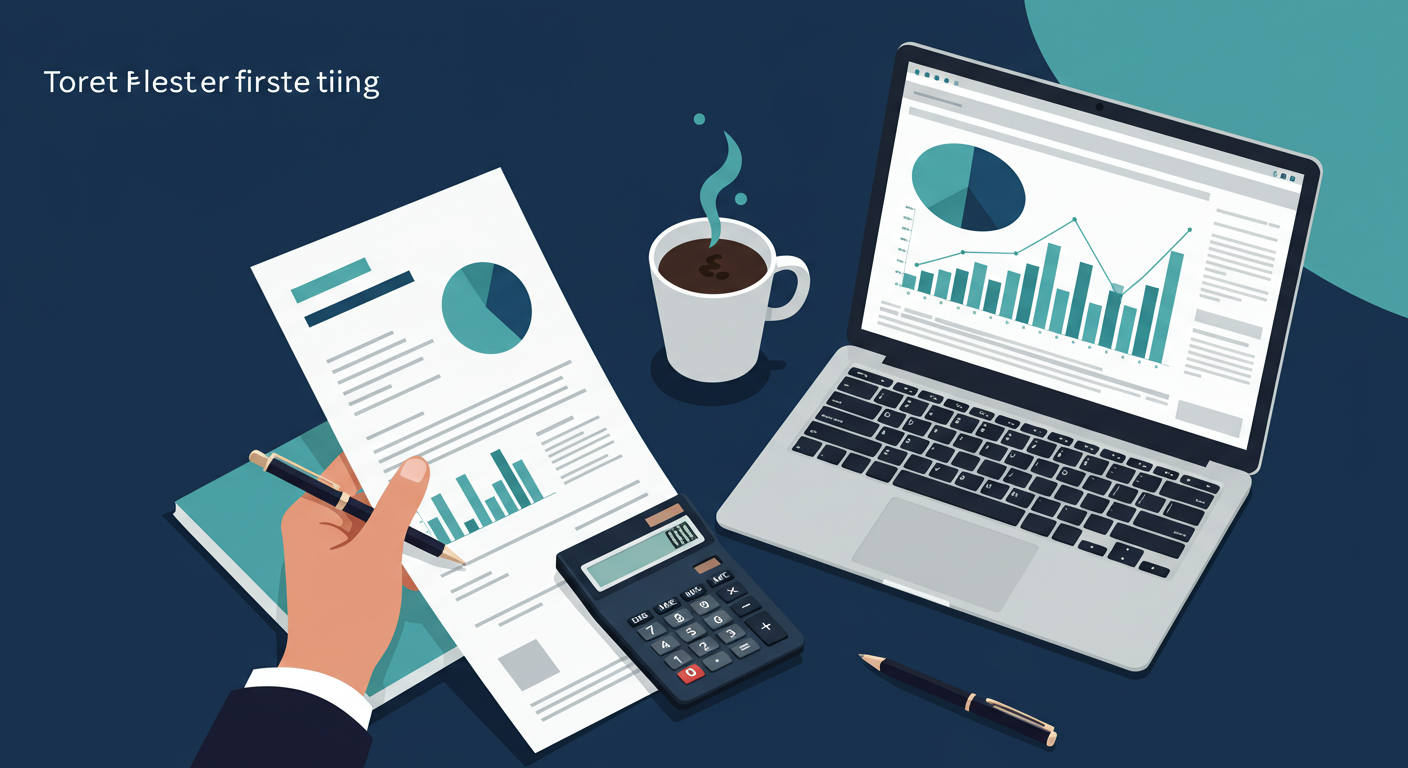 A person reviews a financial document with a calculator and a laptop displaying charts and graphs on a clean desk.