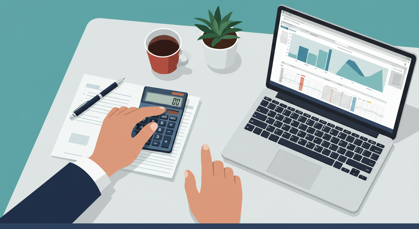 A person's hands using a calculator next to a laptop displaying spreadsheets on a clean, modern desk.