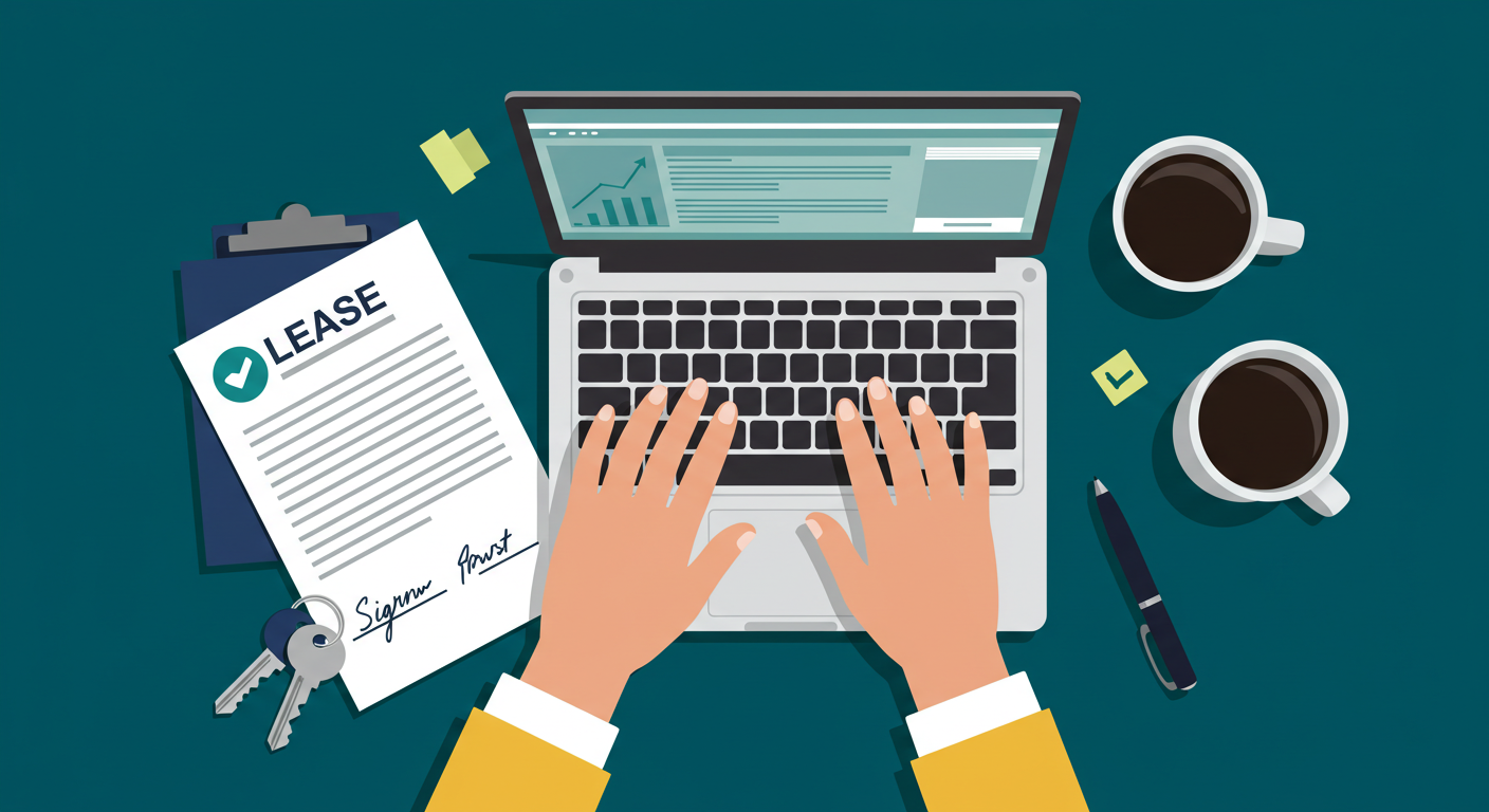 A person's hands typing on a laptop with a signed lease document and a set of keys on the desk.