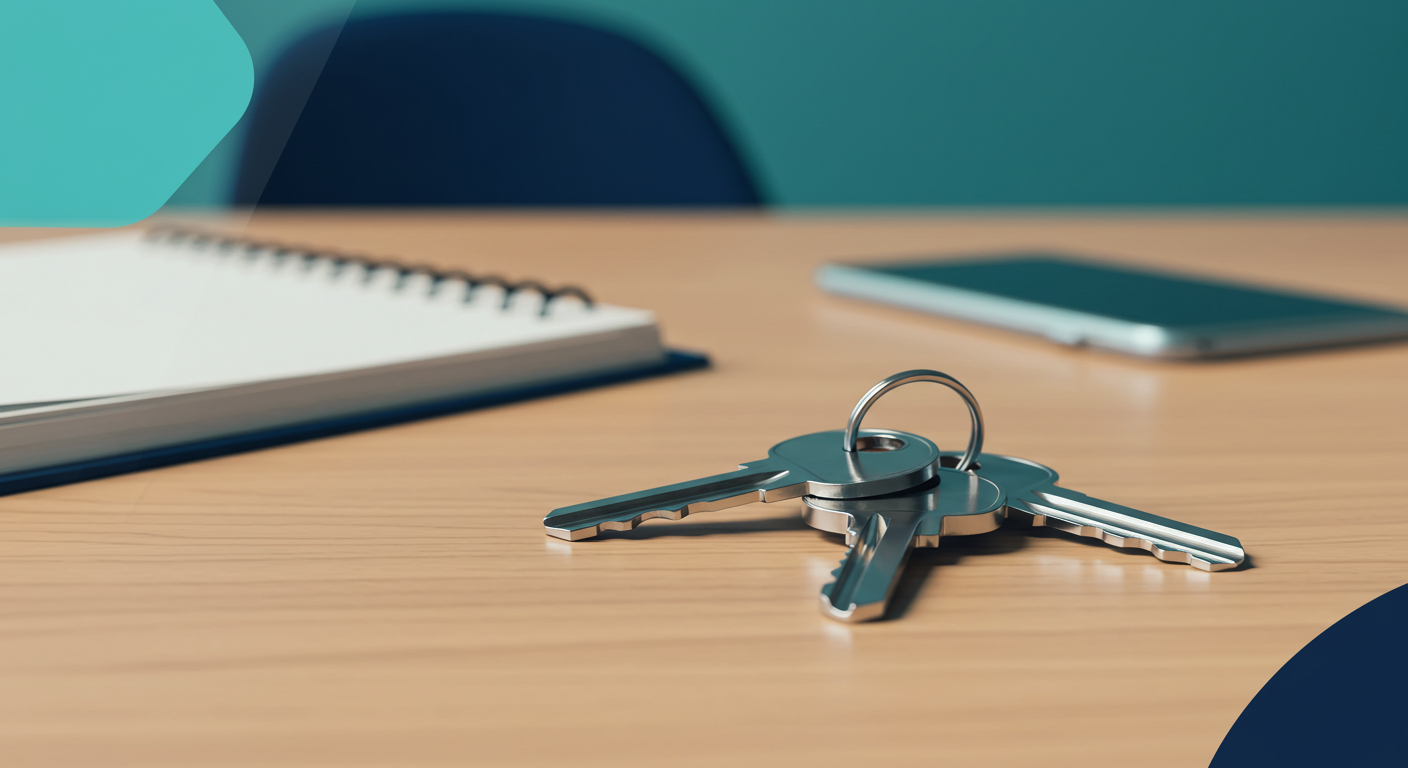 A set of house keys with a simple silver keychain resting on a clean wooden table.