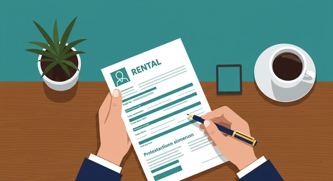 A person reviewing a rental application form with a pen at a wooden desk.