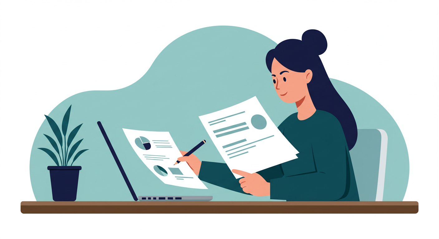 A person sitting at a home office desk, reviewing financial documents on a laptop and with physical papers.