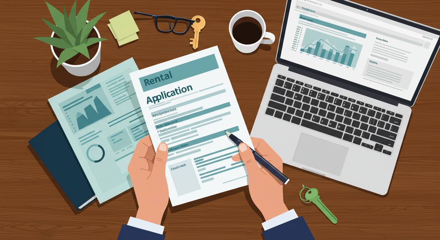 A person reviewing a rental application form and a credit report on a wooden desk with a laptop and a key.