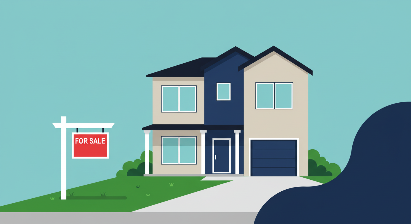 A modern two-story house with a 'For Sale' sign and a separate 'For Rent' sign staked in the green front lawn.