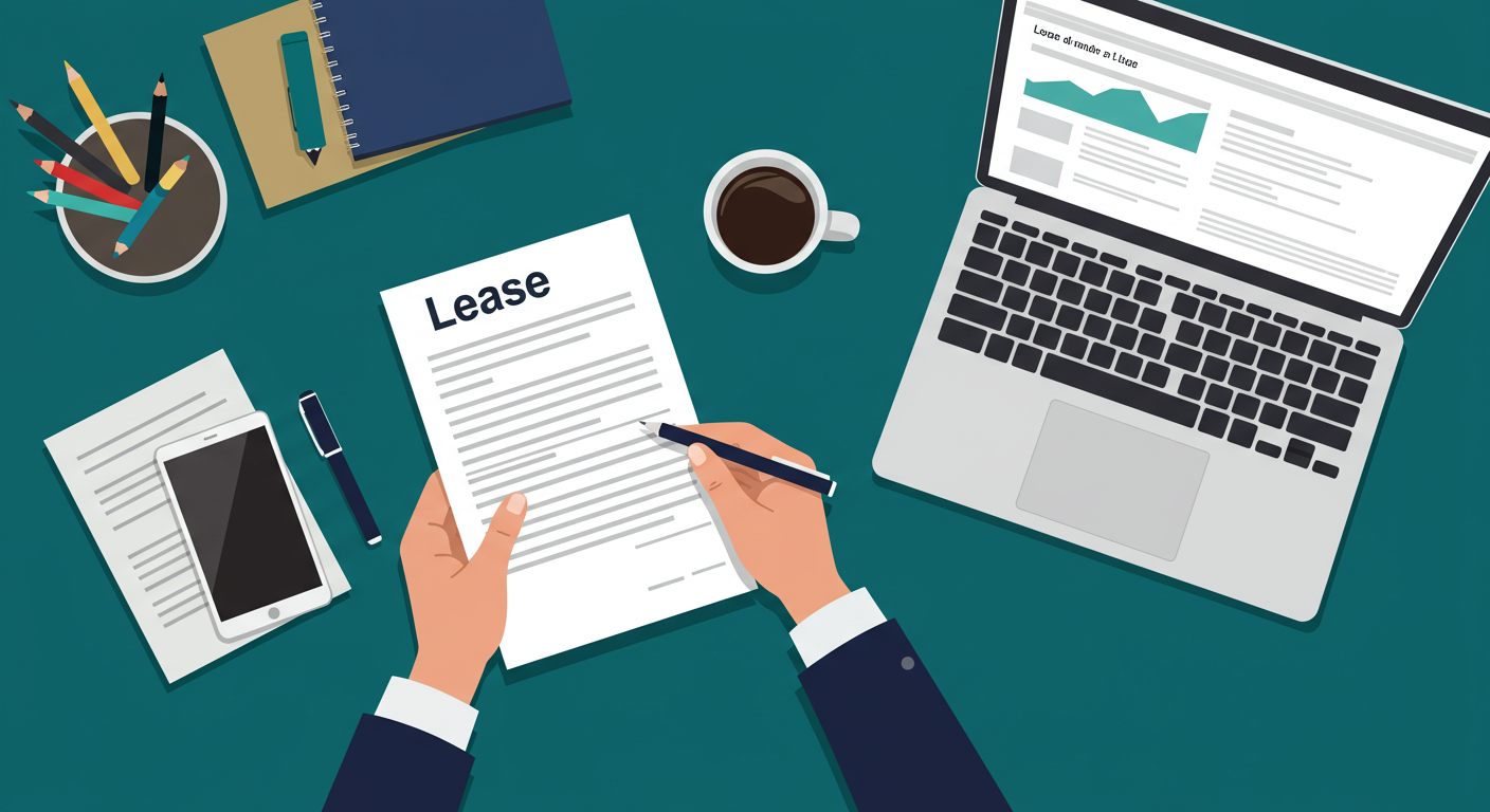 A person reviewing a lease document at a clean, organized desk with a laptop and a cup of coffee.