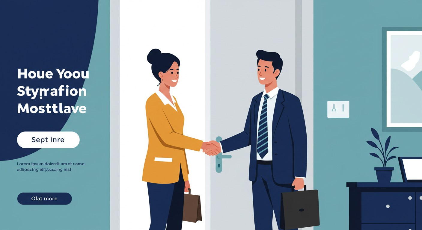 A landlord and tenant shaking hands in a bright, clean apartment doorway, both smiling professionally.