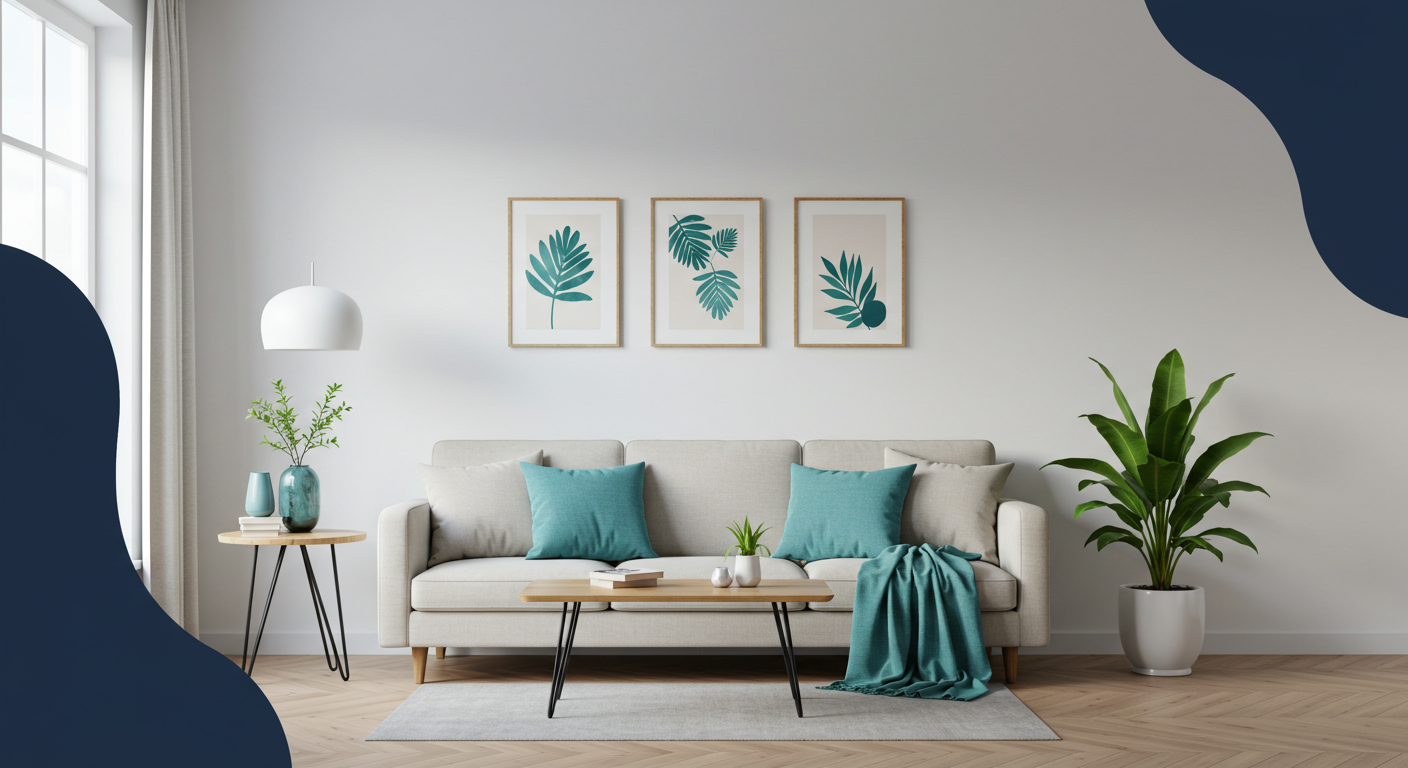 A bright and clean living room in a rental property, staged with a neutral-colored sofa, a small coffee table, and a green plant.